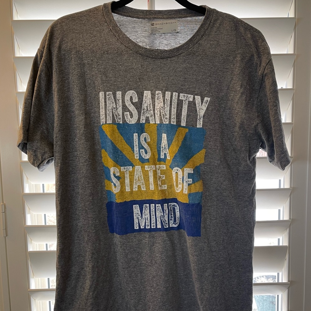Beachbody, Insanity is a State of Mind, Tshirt, Grey, Size Large, greatcondition